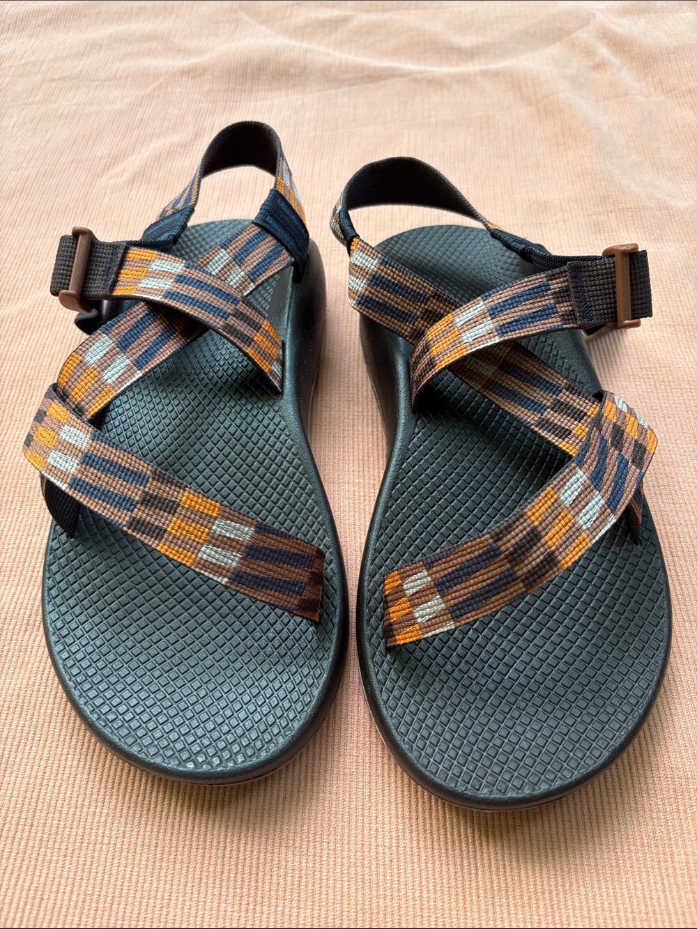 Chaco Men's Strapped Sandals in Brown, Blue & Orange Pattern
